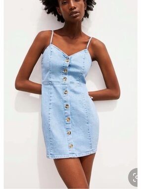 Zara Light Blue Denim Button-Front Mini Dress